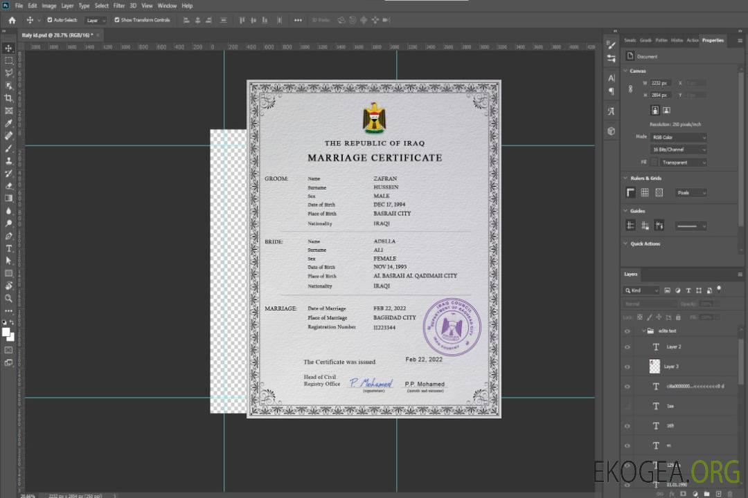 Modèle PSD de certificat de mariage en Irak template